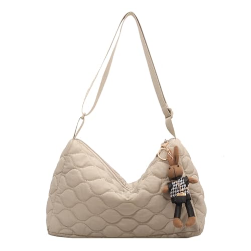 Fiorky Damen-Einkaufstasche mit Rautensteppung und Anhängern, gepolsterte Tragetasche, verstellbarer Riemen, Umhängetasche, geschwollene Umhängetasche, Pendlertasche (Beige) von Fiorky