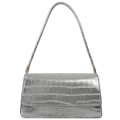 Fiorky Damen-Elegante Tragetasche, einfarbig, PU, ​​stilvolle Einzel-Schultertasche, Krokodildruck, trendige Tragetasche, tägliche Achseltasche (Silber) von Fiorky