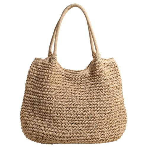 Fiorky Damen-Handtasche, gehäkelt, Strandhandtasche, großes Fassungsvermögen, Retro-Strohhandtasche, Haspenverschluss, einfache Webhandtasche, Damen-Sommer-Tagestasche (Beige) von Fiorky