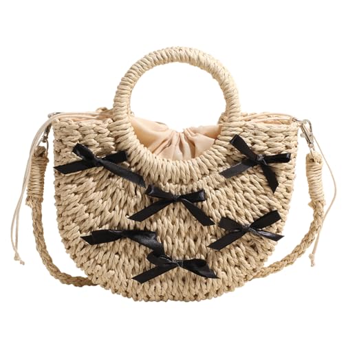 Fiorky Damen-Handtasche, gehäkelt, Strandhandtasche mit Schleife, Reisehandtasche, großes Fassungsvermögen, Kordelzug, Umhängetasche, Damen-Sommer-Tagestasche (Beige) von Fiorky