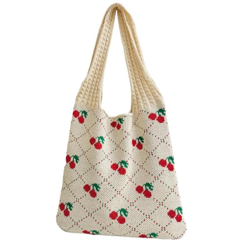 Fiorky Damen-Handtasche, gehäkelt, mit Kirschmuster, zum Stricken, Schultertasche, großes Fassungsvermögen, Reise-Einkaufshandtasche, Damen-Urlaubstasche (Beige) von Fiorky