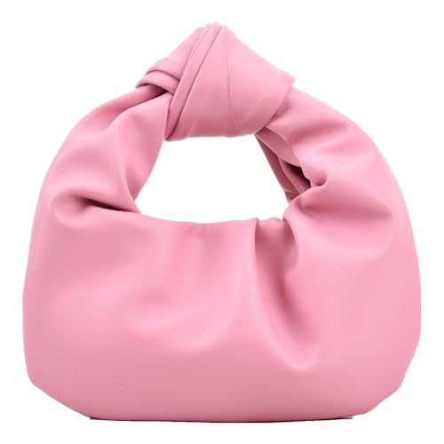 Fiorky Damen-Handtasche, klein, geknotet, einfarbig, PU-Leder, Knoten-Griff oben, einfache, gerüschte Tragetasche for Party, Urlaub (Rosa) von Fiorky