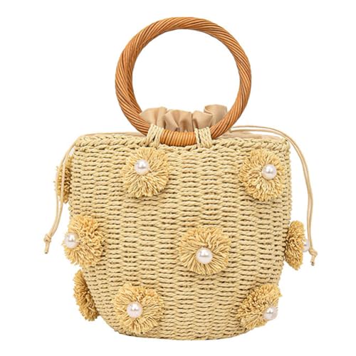 Fiorky Damen-Handtasche aus Stroh mit Perlen, Kordelzug am Handgelenk, Bohemia-Eimer-Handtasche, Sommerurlaub, Strandtasche (Beige) von Fiorky