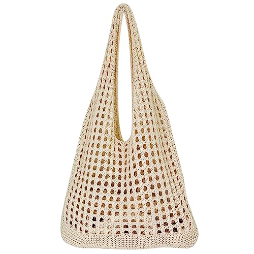 Fiorky Damen-Handtasche mit Fischernetz, ausgehöhlt, Strick-Umhängetasche, einfarbig, große Kapazität, gewebte Tasche for weibliche Mädchen (Beige) von Fiorky