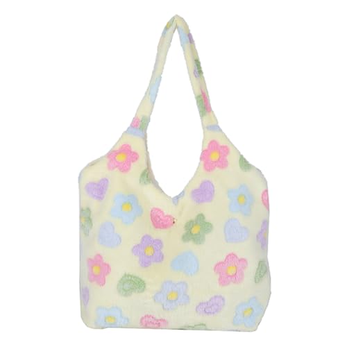 Fiorky Damen-Hobo-Tasche, niedlich, pelzig, Blumenmuster, vielseitige Einkaufstasche, große Kapazität, Kawaii, flauschige Tasche, weiche weibliche Reisetasche von Fiorky