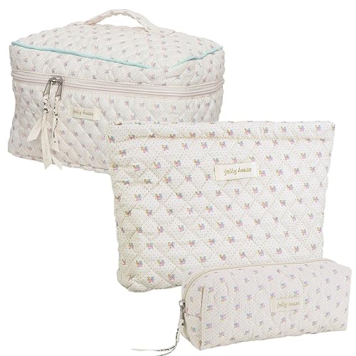 Fiorky Damen-Make-up-Organizer mit Reißverschluss, gesteppt, Kosmetiktasche, Baumwolle, Blumenmuster, großes Fassungsvermögen, Aufbewahrungstaschen-Set für Damen und Mädchen von Fiorky