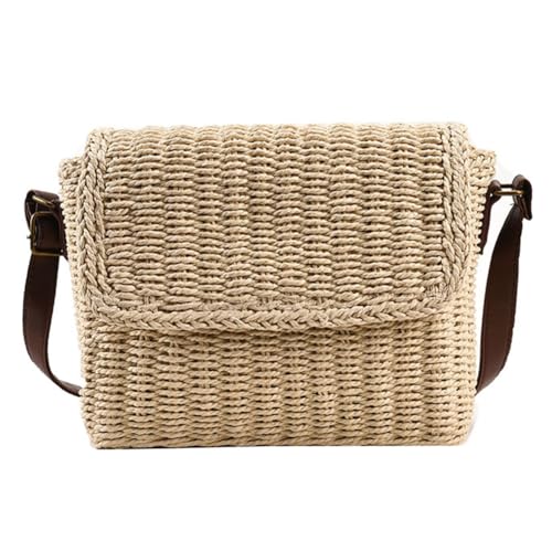 Fiorky Damen-Tasche aus geflochtenem Stroh, Messenger-Tasche im Vintage-Stil, kleine quadratische Umhängetasche, verstellbarer Riemen, handgefertigte Reisetasche mit Klappe (Beige) von Fiorky