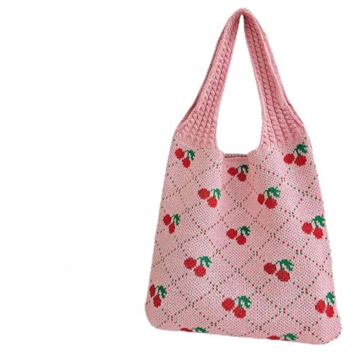 Fiorky Damen-Umhängetasche, gehäkelt, mit Kirschmuster, Y2K-Damen-Tageshandtasche (Rosa) von Fiorky