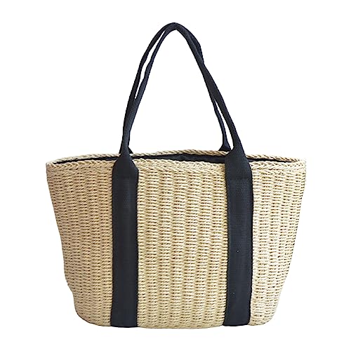 Fiorky Damen-Umhängetasche, großes Fassungsvermögen, Stroh, Strandtasche, Kordelzug, gewebt, leicht, verschleißfest, Reise-Einkaufstasche (Beige) von Fiorky