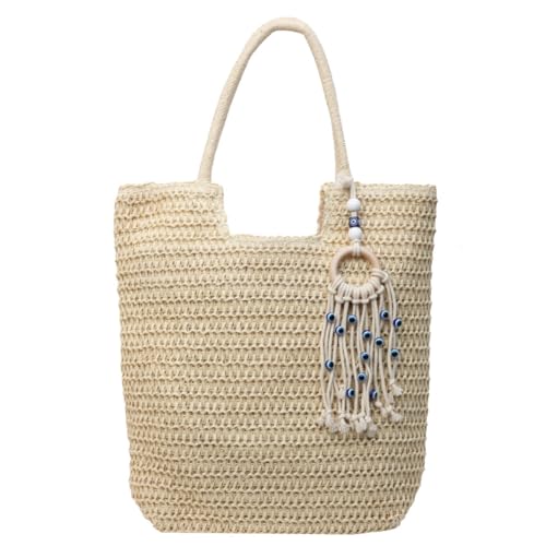 Fiorky Damen-Umhängetasche im Vintage-Stil, große Kapazität, gehäkelte Strandhandtasche, Reißverschluss, Retro-Strohhandtasche, Damen-Sommer-Tagestasche (Beige) von Fiorky