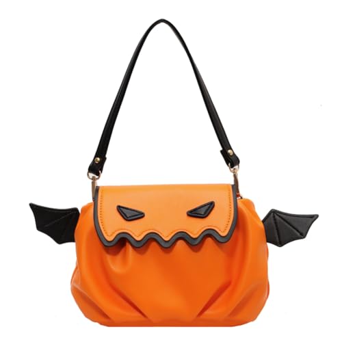 Fiorky Damen-Umhängetasche mit Fledermausflügel, neuartige Leder-Tragetasche, lässige plissierte Umhängetasche, vielseitiger Riemen, verstellbar, Halloween-Süßigkeitstasche (Orange) von Fiorky