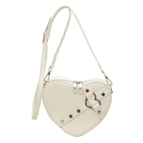 Fiorky Damen-Umhängetasche mit Nieten, PU-Leder, kleine herzförmige Nietentasche, einfarbig, verstellbarer Riemen, weibliche Outdoor-Tasche (Beige) von Fiorky