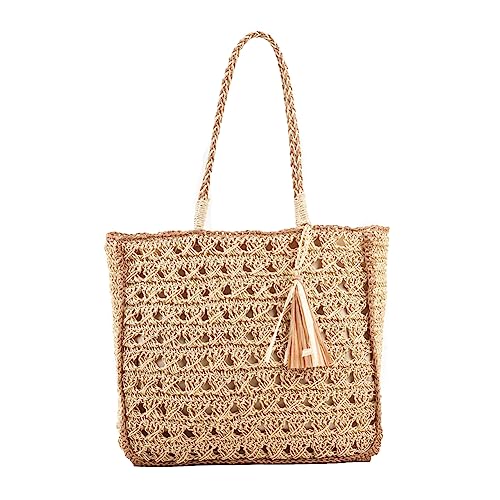 Fiorky Damen-Webhandtasche, Einkaufstasche mit ausgehöhlter Quaste und kurzem Griff, einfarbig, gewebte Tasche for weibliche Mädchen (Beige) von Fiorky