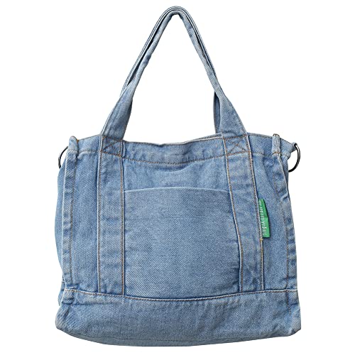 Fiorky Denim Damen-Kuriertasche, modische Einkaufstaschen, große Kapazität, verstellbarer Riemen, mehrere Taschen, tragbar für Teenager und Mädchen, hellblau, as shwon von Fiorky