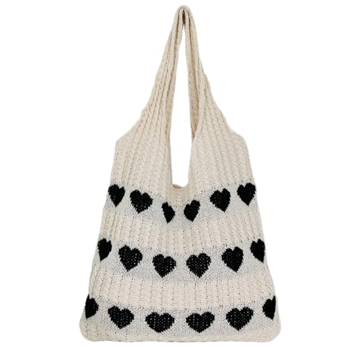 Fiorky Farbblockierende, leichte Handtasche, großes Fassungsvermögen, Schulter-Aufbewahrungstasche, Henkeltasche for Damen, gestrickte Love-Einkaufstasche, Pendeltasche (Aprikosenschwarz) von Fiorky