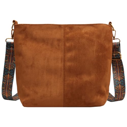 Fiorky Frauen Stilvolle Hobo Tasche Einfarbig Wildleder Mode Umhängetasche Große Kapazität Vintage Crossbody Tote Bag Breiter Druck Gurt for Herbst Winter, braun, 31*12*26 cm/12.2x4.72x10.24inch von Fiorky