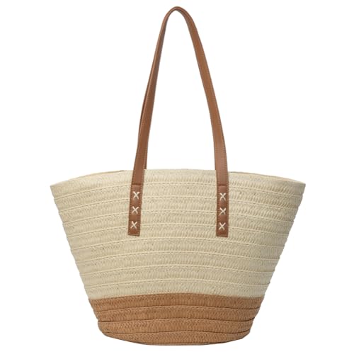 Fiorky Gestreifte Strandtasche aus Stroh, große gewebte Sommerhandtasche mit Reißverschluss, Urlaubs-Reisehandtasche, Tasche mit Griff oben for Frauen, Outdoor-Urlaub (Beige) von Fiorky