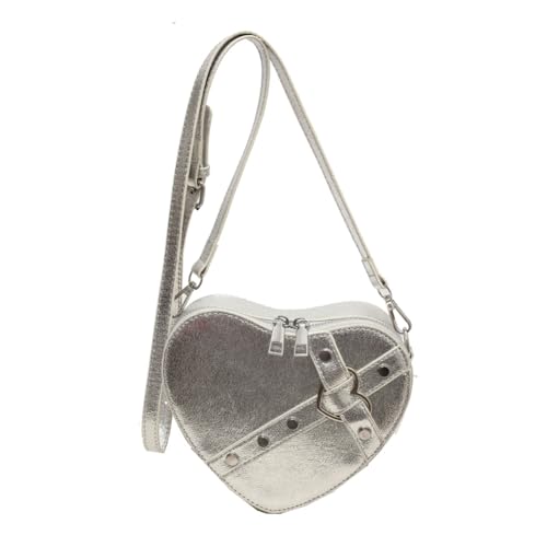 Fiorky Herz-Umhängetaschen for Damen, PU-Leder, herzförmige Umhängetasche, einfarbig, verstellbarer Riemen, Mädchen-Dating-Tasche (Silber) von Fiorky