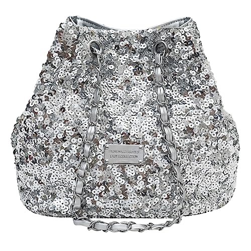 Fiorky Kleine Umhängetaschen for Damen, leicht, Kettendekor, Shopper-Geldbörsen, modisch, trendig, glitzernd, verstellbare Schultergurte, Beuteltasche, Zylindertasche (Silber) von Fiorky