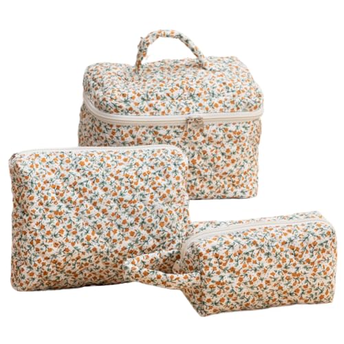Fiorky Make-up-Taschen-Set, Gesteppte Make-up-Tasche, große Kosmetiktasche mit Blumenmuster for Frauen und Mädchen, Gesteppte Reise-Make-up-Tasche aus Baumwolle, Blumen-Reise-Kulturbeutel von Fiorky