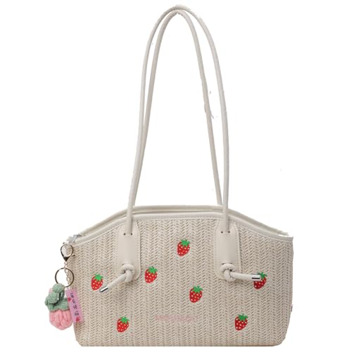 Fiorky Niedliche Erdbeer-Unterarmtasche mit Reißverschluss, Strand-Umhängetasche, gewebte Strandtasche, Urlaubs-Reisehandtasche for Frauen und Mädchen (Beige) von Fiorky