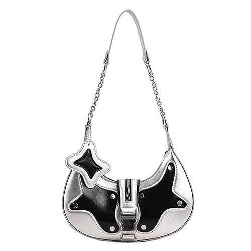 Fiorky PU-Leder-Tasche mit Griff oben, weiche Freizeittasche, Damen-Luxus-Retro-Tasche, Nieten-Schulterhandtasche for weibliche Mädchen (Silber) von Fiorky