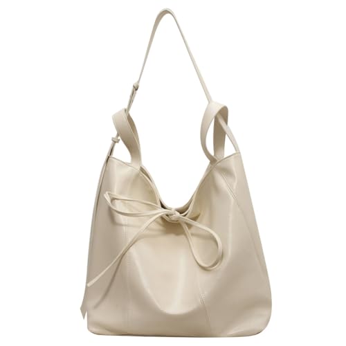 Fiorky Retro-PU-Leder, modische Handtasche, große Kapazität, lässige Schultertasche, stilvolle Schleife, Umhängetasche, Hobo-Tasche for Damen und Mädchen (Beige) von Fiorky