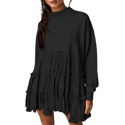 Fiorky Rundhalsausschnitt Langarm Kleid Patchwork Frauen Flowy Kurze Kleid Loose Fit Plissee Minikleid Einfarbig Drop Schulter Urlaub Outfit, Schwarz , X-Large von Fiorky