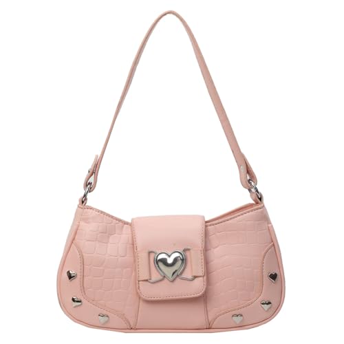 Fiorky Stilvolle Achseltasche for Damen, große Kapazität, Y2K-Herz-Unterarmtasche, modische Umhängetasche, einfarbig, PU, ​​einfache Pendeltasche (Rosa) von Fiorky