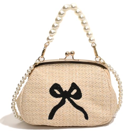 Fiorky Strand-Umhängetasche mit niedlicher Schleife und Perlenkettenriemen, gewebte Strandtasche, Kiss Lock Clutch-Geldbörse, Umhängetasche for Damen (Beige) von Fiorky