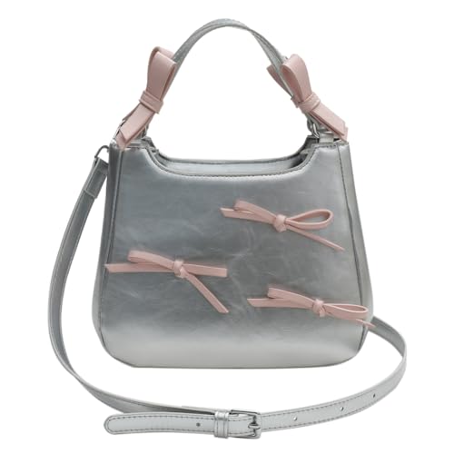 Fiorky Sweet Bow Ästhetische Umhängetasche, PU-Leder, trendige Tragetasche, kontrastfarbene Damenhandtasche mit verstellbarem Riemen, Henkeltasche for Frauen und Mädchen (Silber) von Fiorky