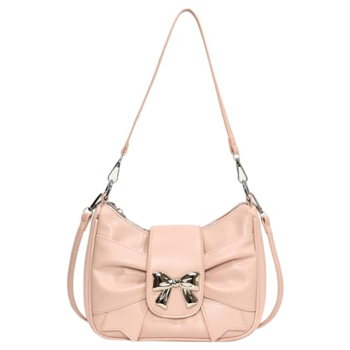 Fiorky Sweet Bow Trendy Umhängetasche PU-Leder Damenhandtasche mit verstellbarem Riemen Lässige Schultertasche mit Reißverschluss Unterarmtasche for Frauen und Mädchen (Pink) von Fiorky