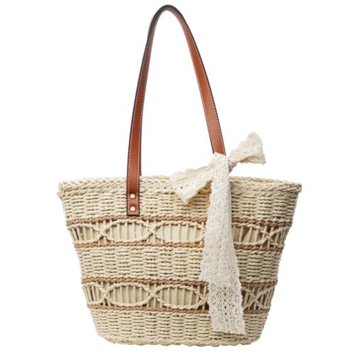 Fiorky Umhängetasche, ausgehöhlte, lässige Tragetasche mit niedlicher Spitzenschleife, Urlaubs-Reisehandtasche, große Tasche mit Griff oben for Frauen (Beige) von Fiorky