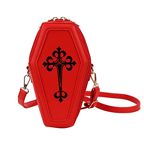 Retro Gothic Messenger Pouch Coffin Shape Crossbody Bags Halloween Handtasche Neuheit Tasche Geldbörse mit verstellbarem Riemen PU Leder Schultertaschen for Frauen Mädchen Mottoparty, rot von Fiorky