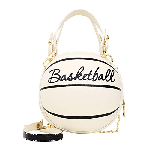 Runde Basketball-förmige Schultertasche für Damen, Fußball, Totes, Kette, Crossbody, Messenger-Tasche, lässiger Reißverschluss, Mini-PU, runde Handtasche für Mädchen, Basketball, Weiß von Fiorky