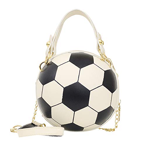 Runde Basketball-förmige Schultertasche für Damen, Fußball, Totes, Kette, Crossbody, Messenger-Tasche, lässiger Reißverschluss, Mini-PU, runde Handtasche für Mädchen, Fußball Weiß von Fiorky