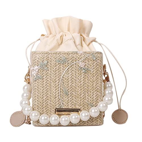 Sommer Pearl Top Griff Handtasche Kette Quadratischer Eimer Messenger Clutch Frauen Blume Gewebte Mini Schultertasche Crossbody Taschen, camel, as shwon von Fiorky