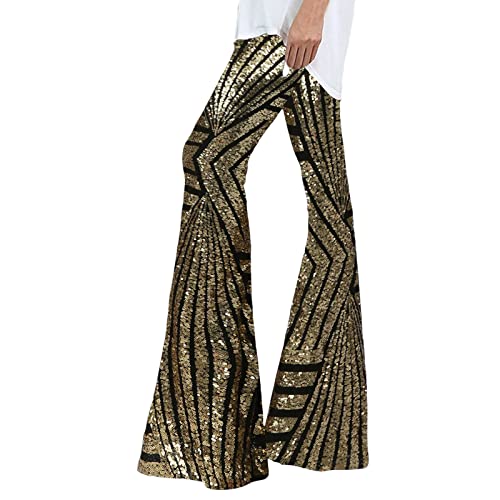 Firally Damen Baggy Frauen Pailletten Hose mit weitem Bein Mode Shiny Hight Taille Ausgestellte Hose Disco Dance Lange Hosen Party Streetwear New Kleidung Damen Hose (Gold, XL) von Firally