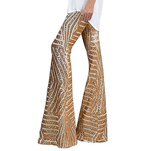 Firally Damen Baggy Frauen Pailletten Hose mit weitem Bein Mode Shiny Hight Taille Ausgestellte Hose Disco Dance Lange Hosen Party Streetwear New Kleidung Damen Hose (Khaki, S) von Firally