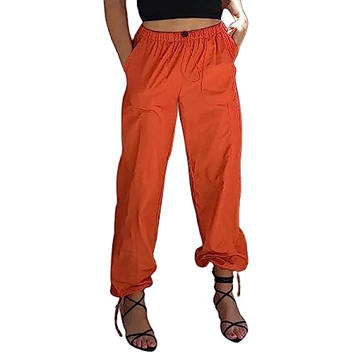 Hosen Damen Sommerhose Damen Cargohose mit Taschen, Hose, Straße, Hip-Hop, Jogginghose, Freizeithose, verstellbar Hose Mit Gummizug Damen Senioren (Orange, S) von Firally