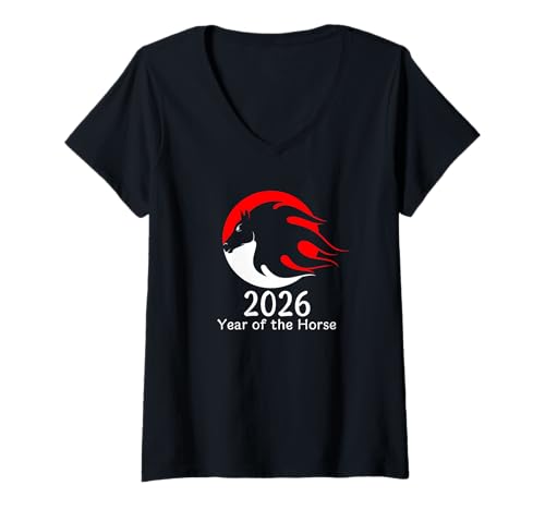Damen Jahr des Pferdes 2026 Feuerpferd Chinesisches Sternzeichen Neujahr T-Shirt mit V-Ausschnitt Damen Jahr des Pferdes 2026 Feuerpferd Chinesisches Sternzeichen Neujahr T-Shirt mit V-Ausschnitt von Fire Horse Year of the Horse Chinese Zodiac 2026