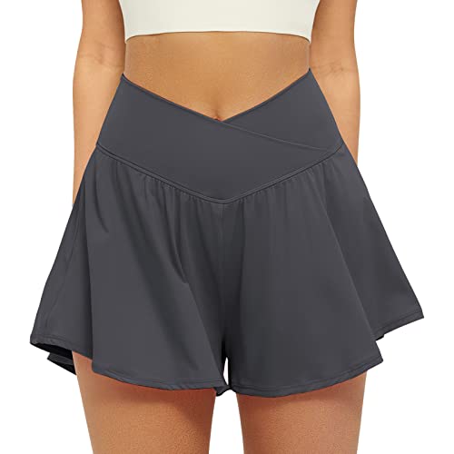 FireSwan Crossover Athletic Shorts für Damen 2-in-1 Flowy Running Shorts mit Taschen Spandex Butterfly Workout Tennis Skorts, grau dunkel, Groß von FireSwan