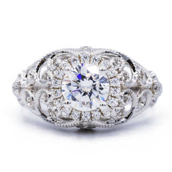 6, 5 Mm Runde Moissanite 14K Massiv Weißgold Diamant Halo Milgrain Design Ring von FireandBrilliance