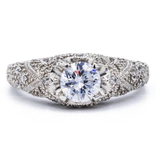 6, 5 Mm Runde Moissanite 14K Weiß Solid Gold Milgrain Design Ring von FireandBrilliance