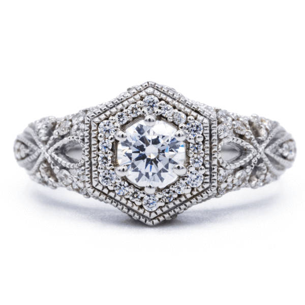 6, 5 Mm Runde Moissanite 14K Weiß Solid Gold Milgrain Design Ring von FireandBrilliance