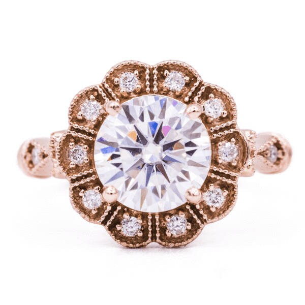 8, 0 Mm Runde Moissanite 14K Rose Gold Halo Ring 2, 15 Karat Gesamtgewicht von FireandBrilliance