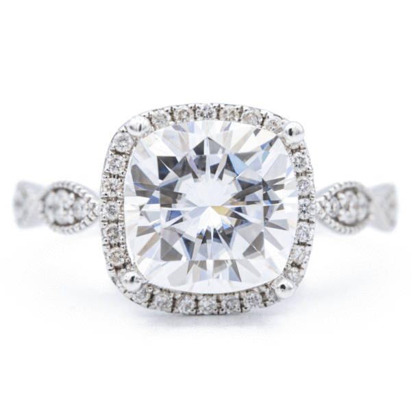 9 Kissen Mm Moissanite 14K White Gold Infinity Band Halo Ring 3, 65 Karat Gesamtgewicht von FireandBrilliance