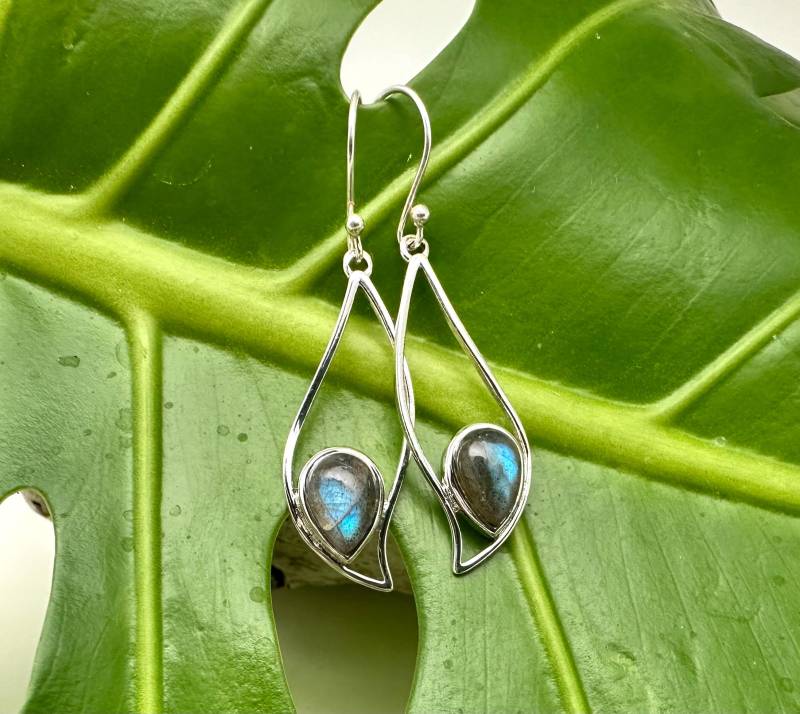 Labradorit Silber Ohrringe // Offene Blatt Spektrolit/Blauer Blitz 925 Sterling von FireandIceSilver