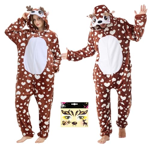 Firecos Hirsch Onesie Damen Herren Tier Kostüm Unisex Jumpsuit mit Kapuze Erwachsene Pyjamas Stück Rentier Cosplay für Halloween Weihnachten (XL) von Firecos