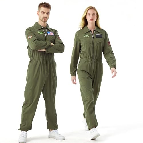 Firecos Pilot Kostüm Herren Pilot Jumpsuit Kampfjetpilot Cosplay Luftwaffe Flug Kämpfer Outfit Fliegeranzug mit Aufnähern für Halloween Karneval (S) von Firecos